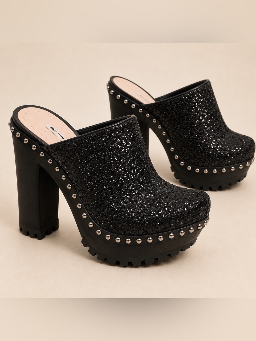 Miu Miu  Archival 2010 Glitter Studded Lug-Sole Platform Clog/ Mules EUC; 7.5